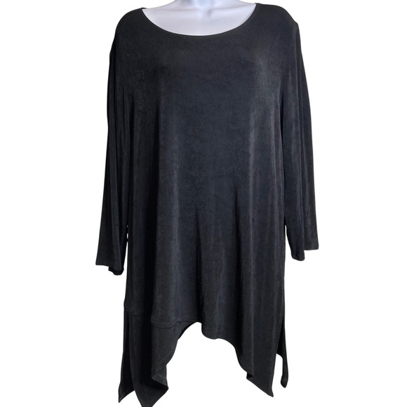 Chico's Travelers Black Liquid Knit Asymmetrical Hem Tunic Top Size 3 XL Stretch - Picture 1 of 11
